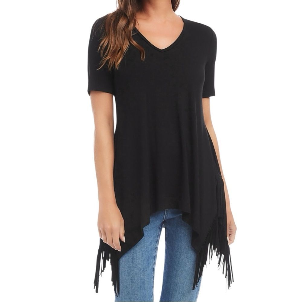 Karen Kane Fringe Hem Tunic Top Asymmetrical V Neck Short Sleeve Black XS NEW